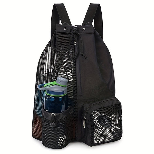 Black Mesh Drawstring Swim Backpack with Wet Pocket