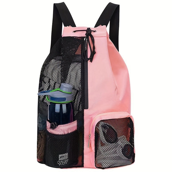 Pink Mesh Drawstring Swim Backpack with Wet Pocket
