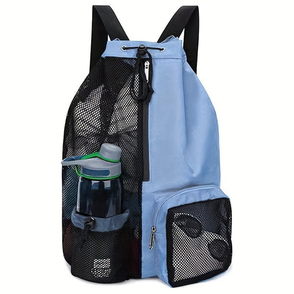 Blue Mesh Drawstring Swim Backpack with Wet Pocket