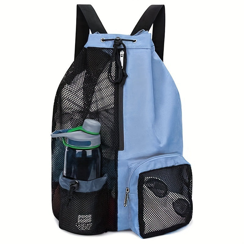 Blue Mesh Drawstring Swim Backpack with Wet Pocket