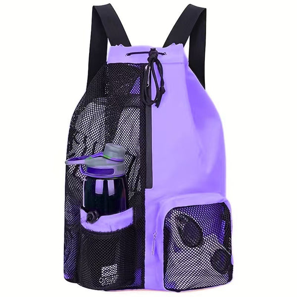 Purple Mesh Drawstring Swim Backpack with Wet Pocket