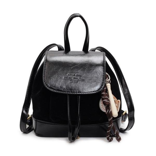 Vintage Suede Women's Mini Backpack with Decorative Charm - Black