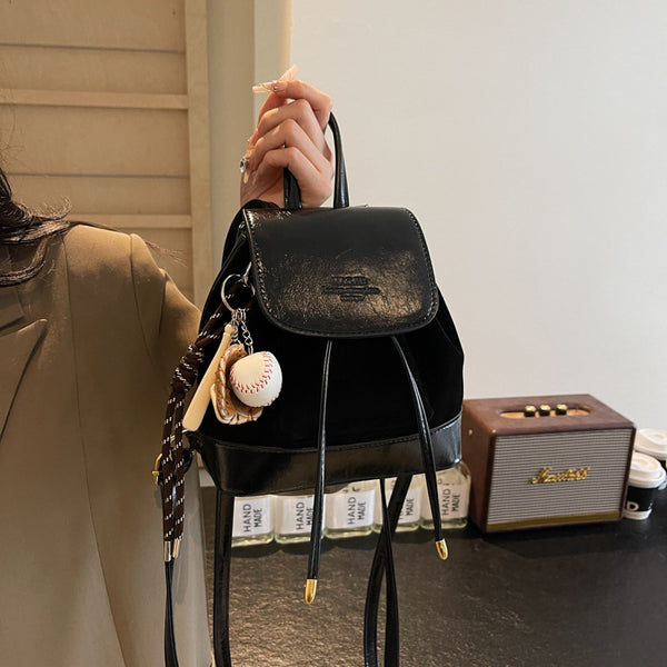 Vintage Suede Women's Mini Backpack with Decorative Charm - Black