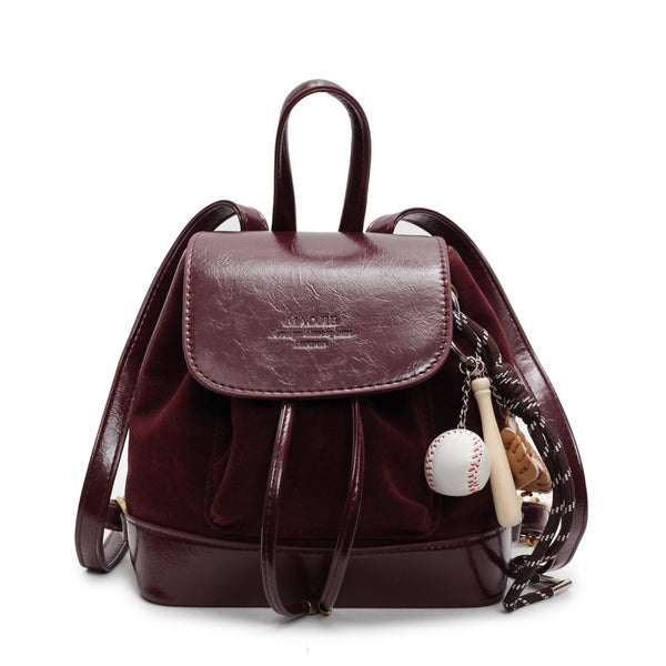 Vintage Suede Women's Mini Backpack with Decorative Charm - Claret