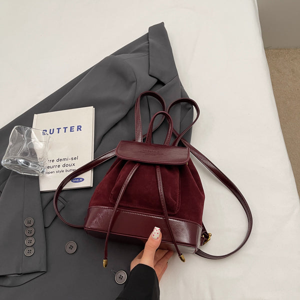 Vintage Suede Women's Mini Backpack with Decorative Charm - Claret
