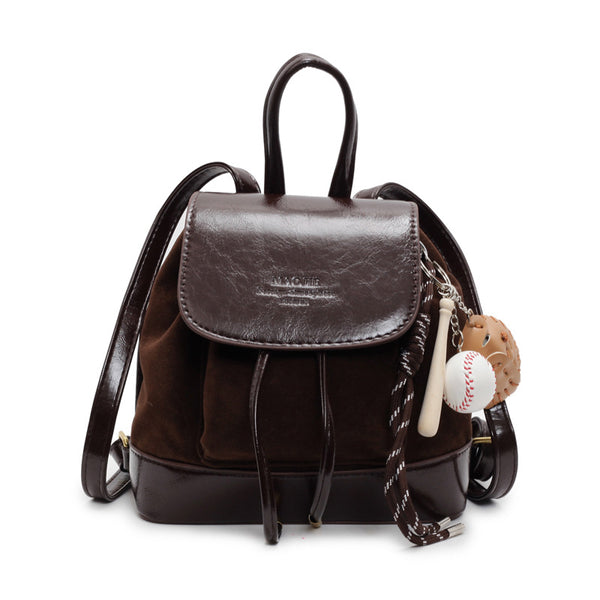 Vintage Suede Women's Mini Backpack with Decorative Charm - Brown