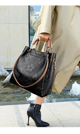 Black Elegant Embossed PU Leather Bag - Large Capacity Handbag with Inner Pouch