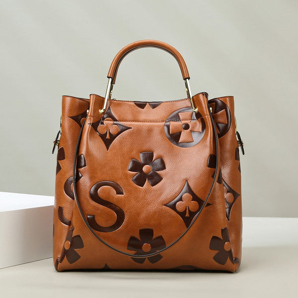 Brown Elegant Embossed PU Leather Bag - Large Capacity Handbag with Inner Pouch