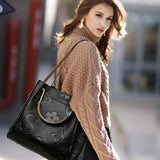 Brown Elegant Embossed PU Leather Bag - Large Capacity Handbag with Inner Pouch