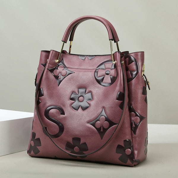 Purple Elegant Embossed PU Leather Tote Bag - Large Capacity Handbag with Inner Pouch