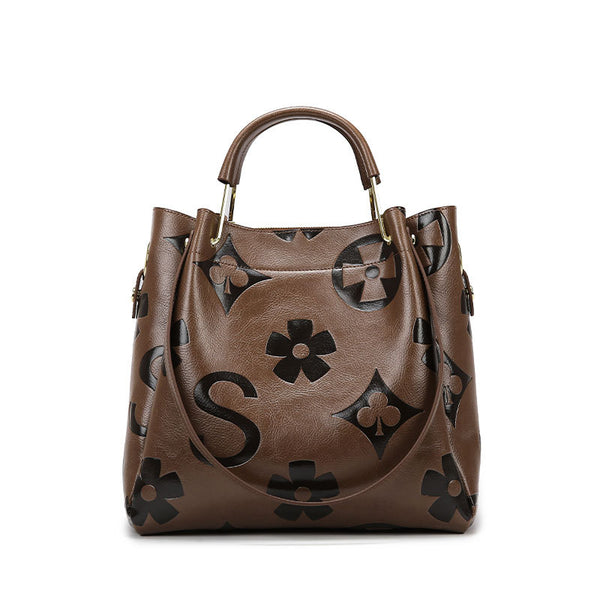 Dark Brown Elegant Embossed PU Leather Bag - Large Capacity Handbag with Inner Pouch