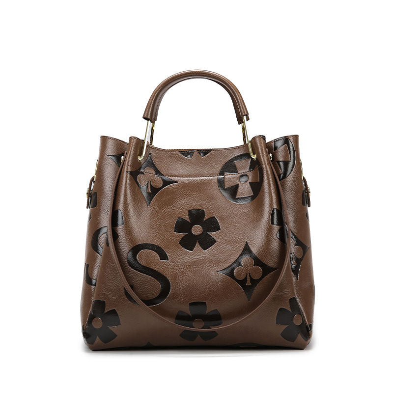 Dark Brown Elegant Embossed PU Leather Bag - Large Capacity Handbag with Inner Pouch