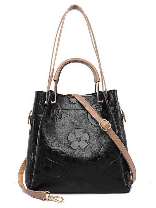 Dark Brown Elegant Embossed PU Leather Bag - Large Capacity Handbag with Inner Pouch