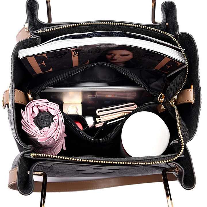 Dark Brown Elegant Embossed PU Leather Bag - Large Capacity Handbag with Inner Pouch