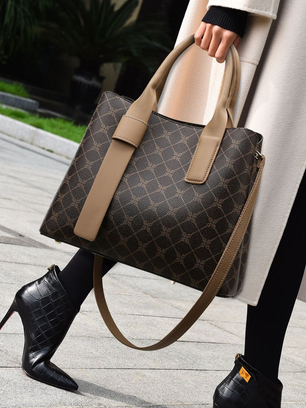 Off White And Brown Retro Handbag - Elegant Tote with Large Capacity
