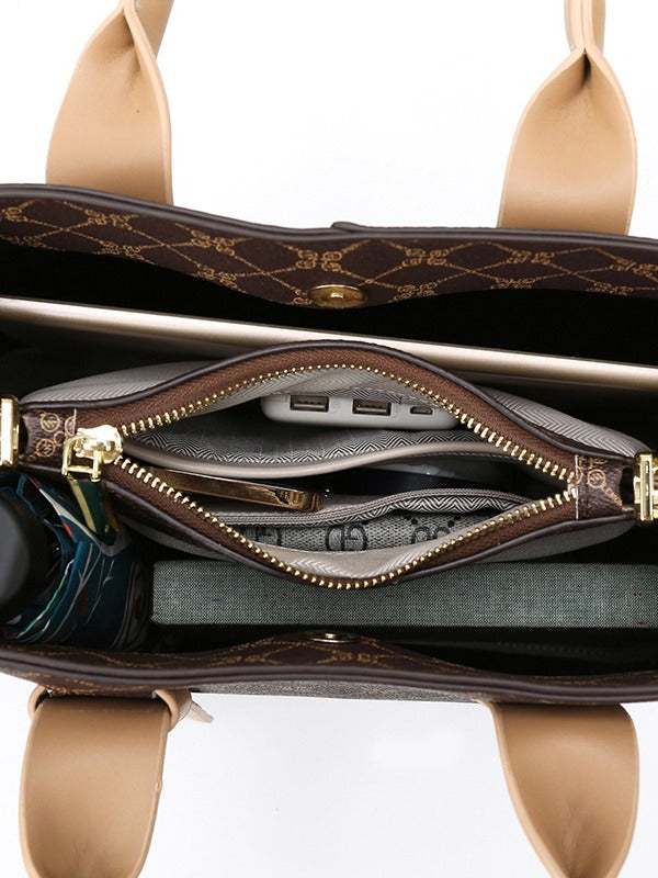 Off White And Brown Retro Handbag - Elegant Tote with Large Capacity