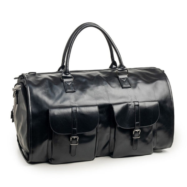 Black PU Leather Travel Duffel Bag - Multifunctional Overnight Gym Bag