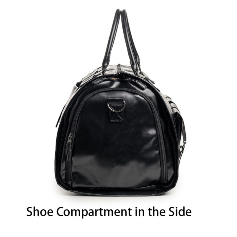 Black PU Leather Travel Duffel Bag - Multifunctional Overnight Gym Bag