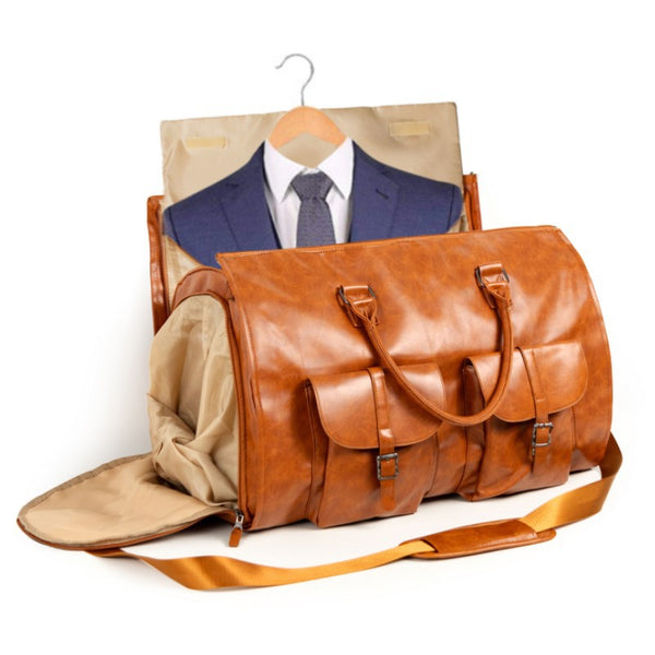 PU Leather Travel Duffel Bag - Multifunctional Overnight / Gym Bag - Brown