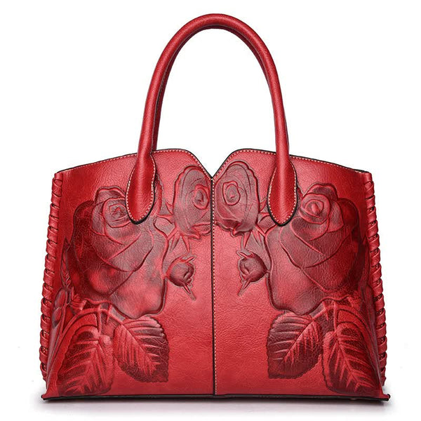 Red  Elegant Embossed Rose Leather Handbag - Vintage Style