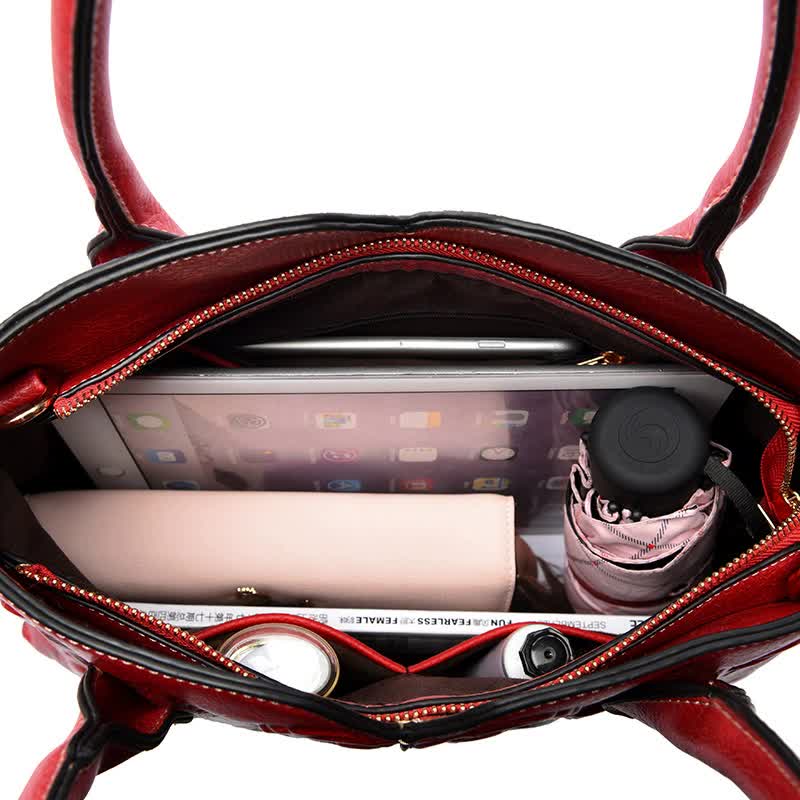 Red  Elegant Embossed Rose Leather Handbag - Vintage Style