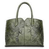 Green Elegant Embossed Rose Leather Handbag - Vintage Style