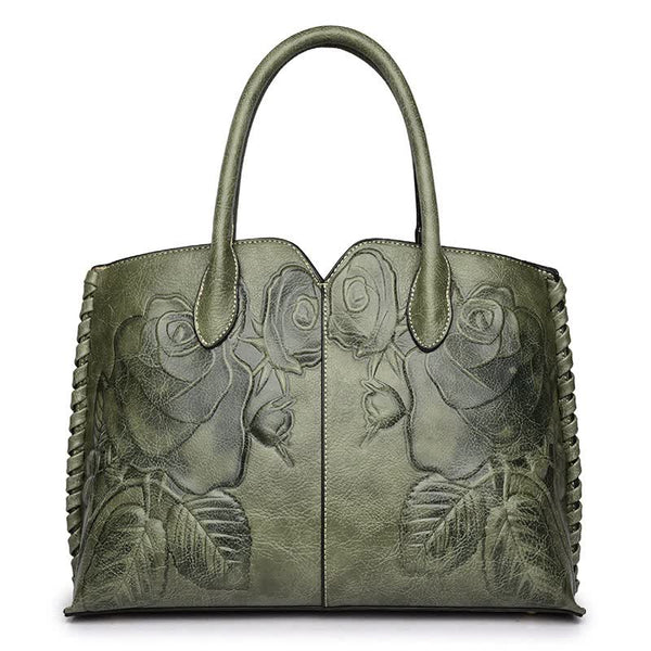Green Elegant Embossed Rose Leather Handbag - Vintage Style