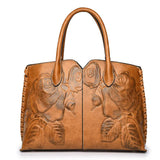 Brown Elegant Embossed Rose Leather Handbag - Vintage Style