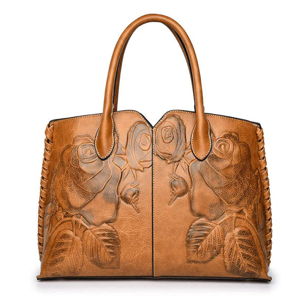 Brown Elegant Embossed Rose Leather Handbag - Vintage Style