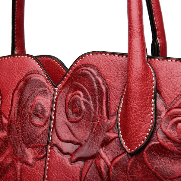 Brown Elegant Embossed Rose Leather Handbag - Vintage Style