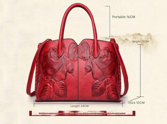 Brown Elegant Embossed Rose Leather Handbag - Vintage Style