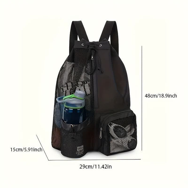 Purple Mesh Drawstring Backpack - Lightweight Sports and Beach Bag with Pockets