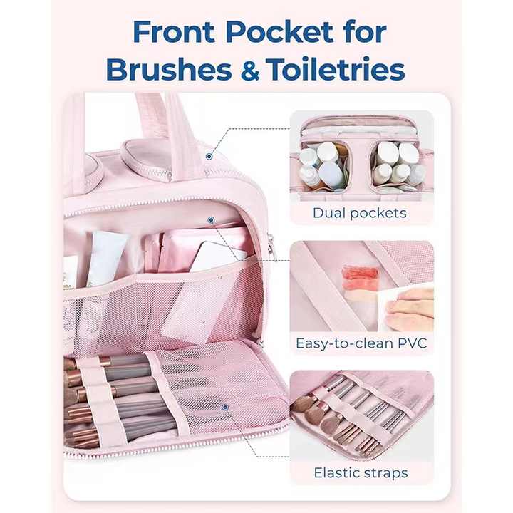 Waterproof Travel Toiletry Cosmetic Duffle Bag - Lightweight Multi-Pocket - Beige