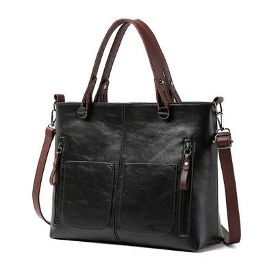 Women's Classic PU Leather Tote Bag with Double Handles - Black