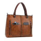 Women's Classic PU Leather Tote Bag with Double Handles - Brown