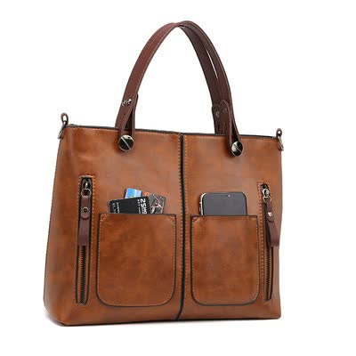 Women's Classic PU Leather Tote Bag with Double Handles - Brown