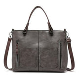 Women's Classic PU Leather Tote Bag with Double Handles - Grey