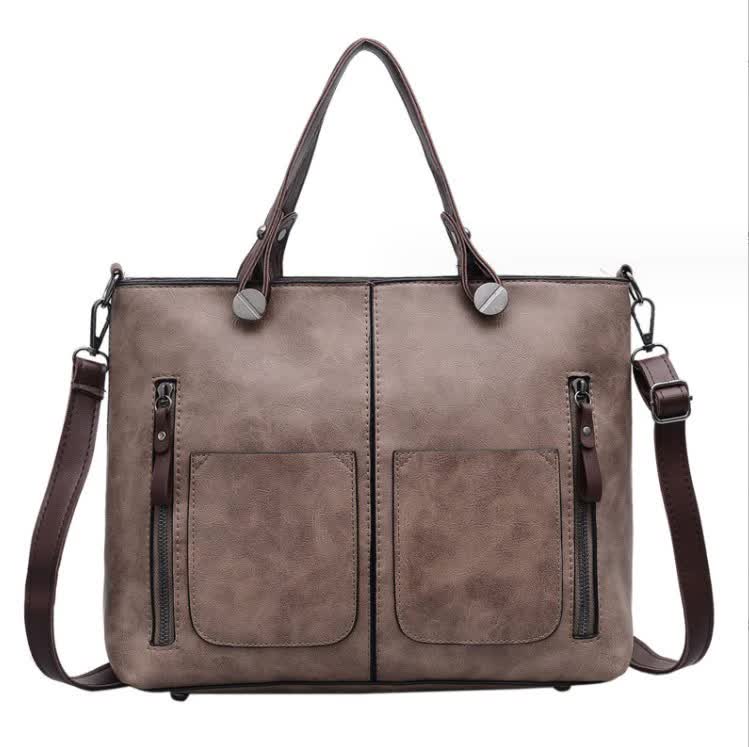 Women's Classic PU Leather Tote Bag with Double Handles - Flesh Pink