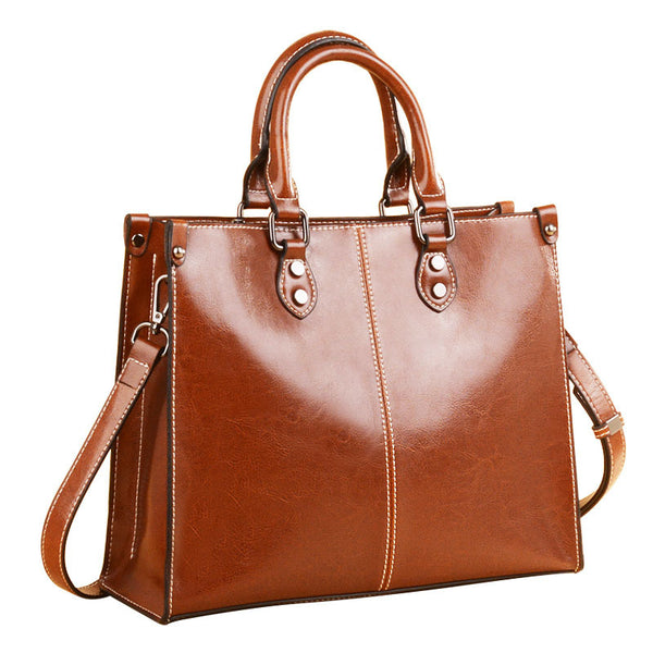 Brown Elegant Leather Handbag - Adjustable Strap