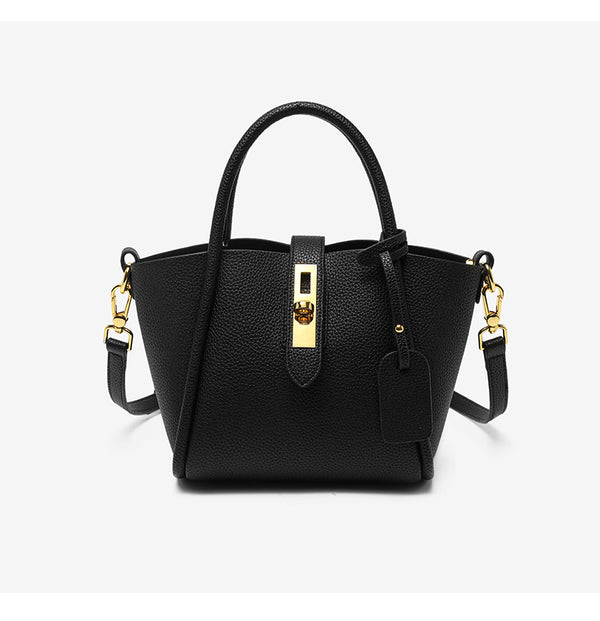 Black Genuine Leather Womens Handbag - Top Handle and Crossbody Strap