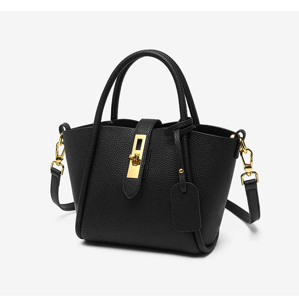 Black Genuine Leather Womens Handbag - Top Handle and Crossbody Strap