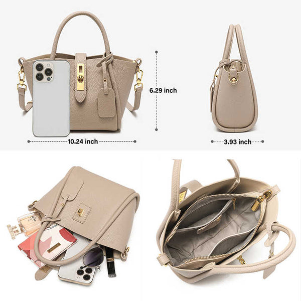 Beige Genuine Leather Womens Handbag - Top Handle and Crossbody Strap