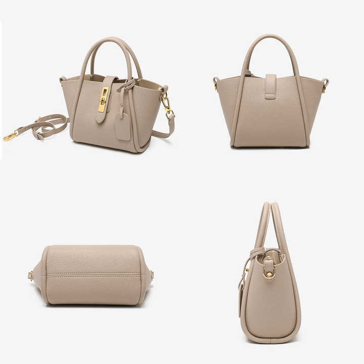Beige Genuine Leather Womens Handbag - Top Handle and Crossbody Strap