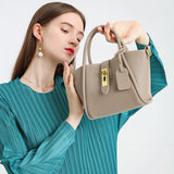 Beige Genuine Leather Womens Handbag - Top Handle and Crossbody Strap
