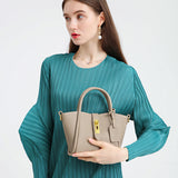 Beige Genuine Leather Womens Handbag - Top Handle and Crossbody Strap