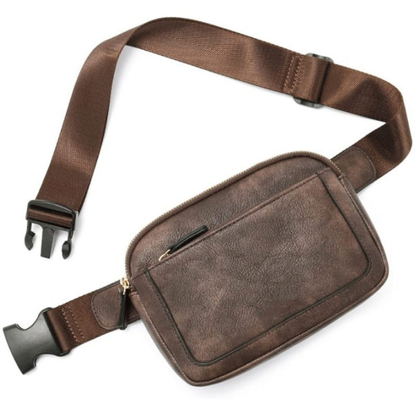 Coffee Adjustable Waterproof PU Leather Waist / Crossbody Bag Unisex