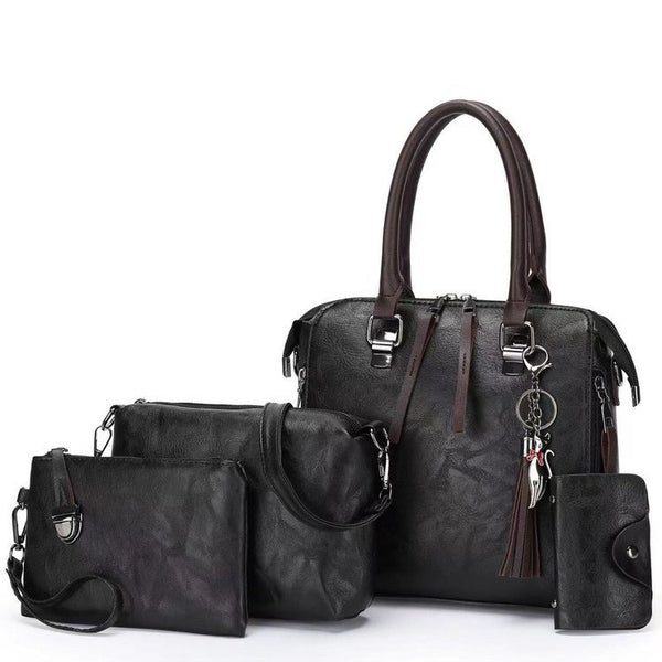 Black 4-Piece Women’s PU Leather Tote Bag Set - Vintage Handbag, Shoulder Bag, Clutch, and Card Holder