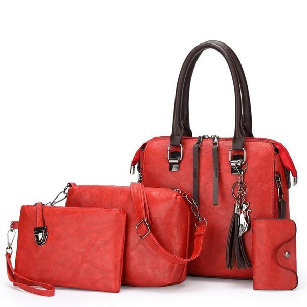 Red 4-Piece Women's PU Leather Tote Bag Set - Vintage Handbag, Shoulder Bag, Clutch, and Card Holder