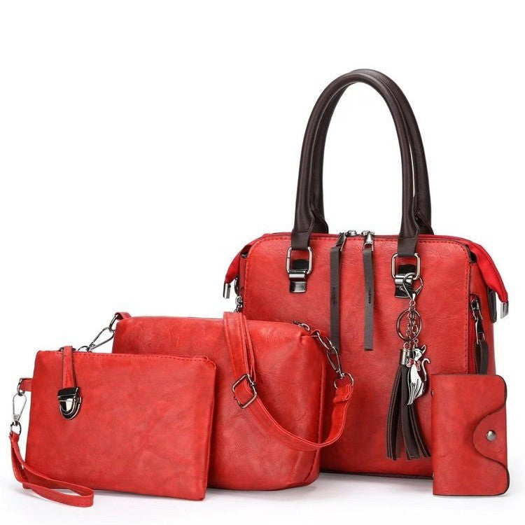Red 4-Piece Women's PU Leather Tote Bag Set - Vintage Handbag, Shoulder Bag, Clutch, and Card Holder