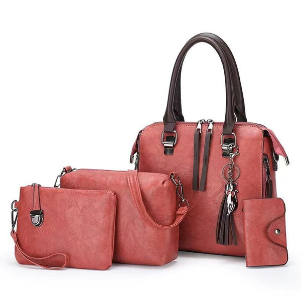 Pink 4-Piece Women's PU Leather Tote Bag Set - Vintage Handbag, Shoulder Bag, Clutch, and Card Holder
